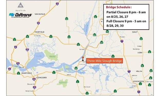 UPDATE: Three Mile Slough Bridge Scheduled for Nightly Work  Full Closures on Weekend-Delays Expected Alternate Routes Suggested
